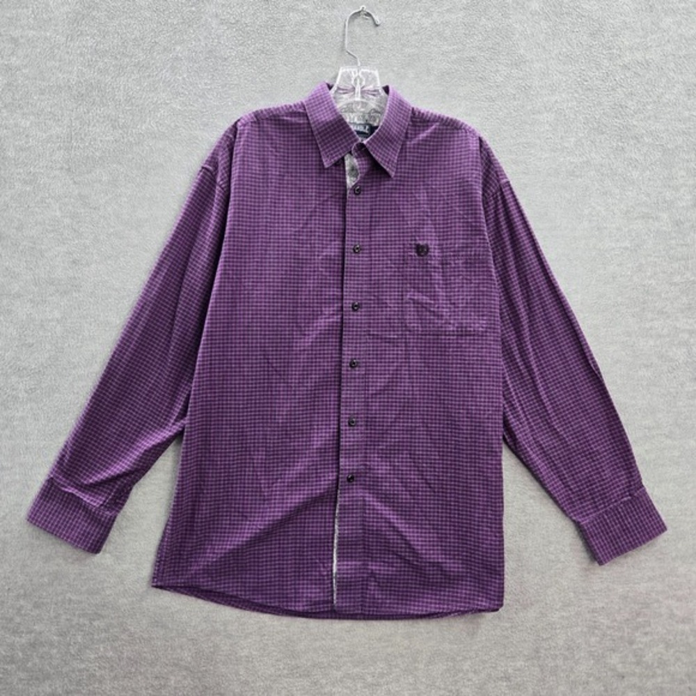 Panhandle Slim Men Button Up Shirt Medium Purple Black Watch Plaid Western Rodeo